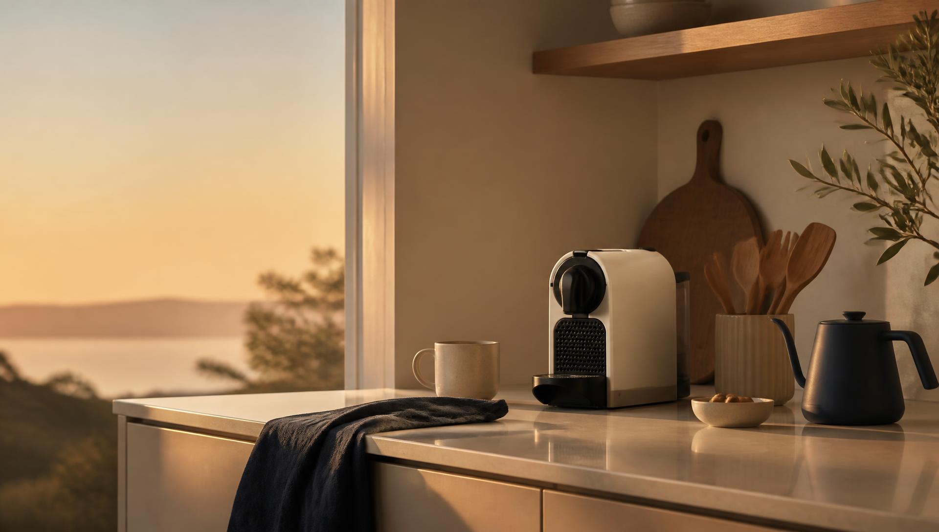 Minimal kitchen counter with everyday products at golden hour